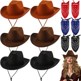 12 Pcs Adult Cowboy Hat for Women and Men Western Cowgirl Hats with Adjustable Drawstring and Cowboy Party Paisley Bandana (Dark Brown, Light Brown, Black)