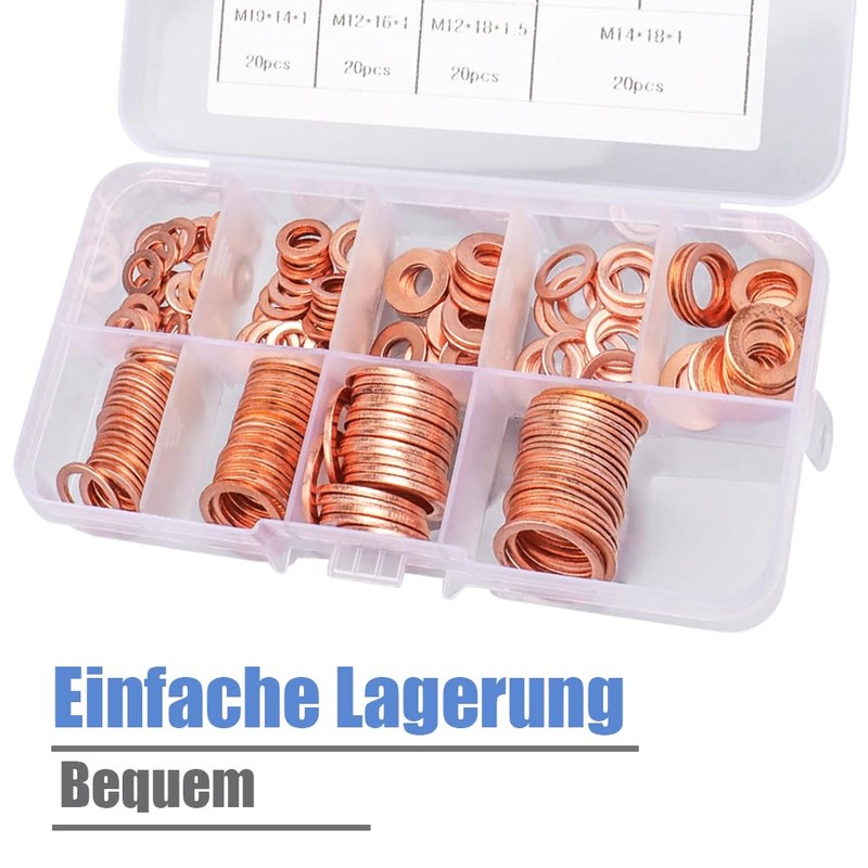 Mesee Pack of 200 Copper Washers, Copper Sealing Rings Assortment