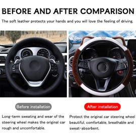 Bittwee Car Steering Wheel Cover, Fluffy Soft Plush for Winter Warm, Cute Steering Wheel Protector with Kitty Cat Ears, Universal 15 Inch, Elastic & Anti-Slip, Lovely Decor Car Accessories (Coffee)