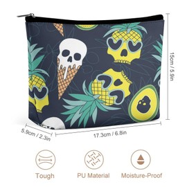 Women PU Leather Cosmetic Bag, Toiletry Storage 6.8x5.9x2.3 in Zipper Pouch Handbag Makeup Case Purse Holder Organizer Print Summer Yellow Pineapple Skull, Ice cream Skull on Dark Floral