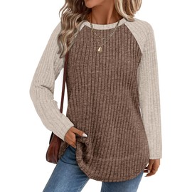 WIHOLL Long Sleeve Shirts for Women Casual Tops Fall Fashion Sweaters Lightweight Winter Clothes Paneled Apricot Brown L