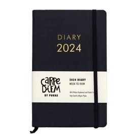 Pukka Pad, Carpe Diem 2024 Soft Cover Diary, 80GSM Paper with Monthly Calendar and Weekly Views, Includes Notes, Goals, To-Do and Wish Lists - Ribbon Bookmark, and Elasticated Closure – Black