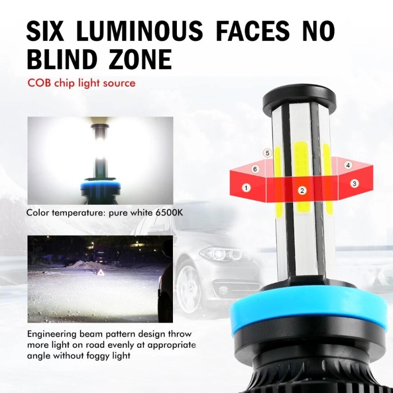 IRONWALLS 6 Sides H11 H9 H8 LED Headlight Bulbs Super
