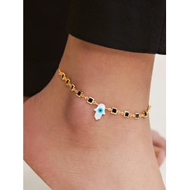 MINUTIAE Stylish Evil Eye Hamsa Hand Shape Anklet Painjan Payal With With Extendable Chain for Women (Gold)