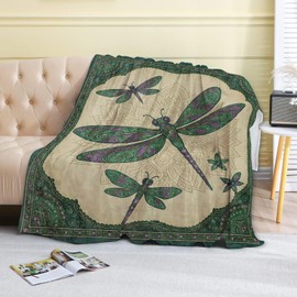 coedoaes Dragonfly Fleece Blanket,50x60in,Green Purple Ornate Insect Mandala Beige Throw Blankets,Soft Cozy Lightweight, Ideal for Bed Living Room Home Boho Bohemian Decor, Women Gifts