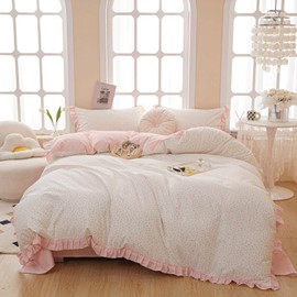 Pink Floral Duvet Cover King Chic Flower Print Ruffle Duvet Cover Cotton Lace Comforter Cover Country Style Floral Bedding Set Girls Ruffle Comforter Cover Flower king Duvet Cover with 2 Pillowcases