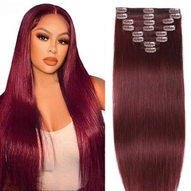 Burgundy Reddish Hair Extensions Clip ins Straight Clip in Hair Extensions Real Human Hair Premium Soft 8pcs Remy Human Hair Clip in Extensions for Women (#99J 22Inch)