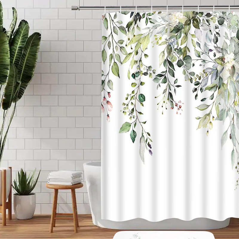 4Pcs Sage Green Eucalyptus Shower Curtain Set, Bathroom Sets with