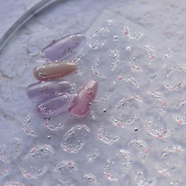 Moon and Stars Nail Art Stickers, Silver Holographic Glitter Design, Clear Transparent Sheet