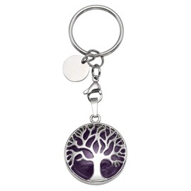 GEHECRST Tree of Life Keyring Natural Gemstone Pendant Chakra Healing Stones Lucky Charm Keychain Energy Therapy Healing Decoration, amethyst