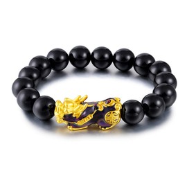 Abitoncc 14K Plated 12 mm Feng Shui Men Bracelet Pixiu Piyao Color Change Black Bead Lucky Bracelet Bangle Wristband Women men (Black)