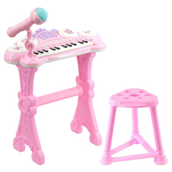 Kids Electronic Keyboard Organ Piano With Lights 24 Keys Drums Microphone & Stool Toy
