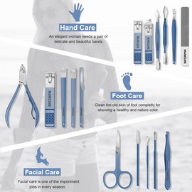 Leipple Manicure Set 16 Pieces Professional Nail Clippers Kit Pedicure Kit - Stainless Steel Nail Care Tools with Luxury Leather Travel Bag (Blue)