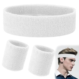 FENQURO Set of 3 Sweatbands Set, Sports Headband, Wrist Striped Sweatbands, Terry Towelling, Sports Training, Basketball Wristband, Headbands, Moisture Wicking, Sweat-Absorbing Headband (White)
