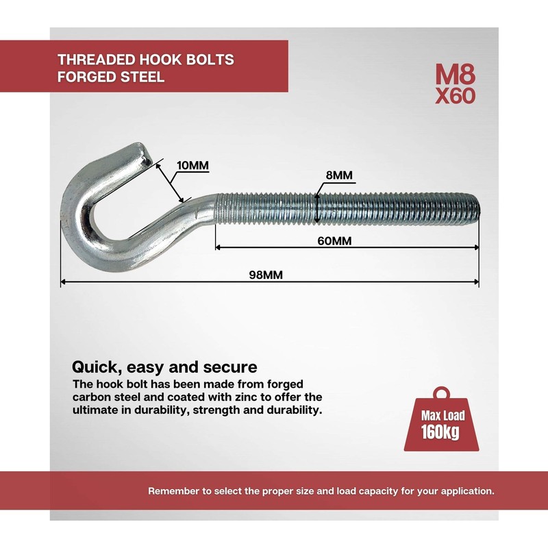 DOJA Industrial Thread Screw Hook, M8 x 60, Pack of