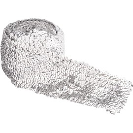 FINGERINSPIRE 5.5 Yards 3 Inch Wide Sequin Trim Sliver Elastic Sequin Ribbon Flat Curtain Ribbon Stretch Bling Paillette Ribbon Silver Sequin Fabric Trim for Dress Headband Sewing Craft