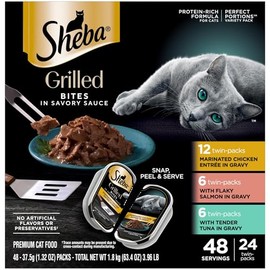 Sheba Perfect Portions Grilled in Savory Sauce Adult Wet Cat Food Marinated Chicken, Flaky Salmon, Tender Tuna, 2.64 oz. Twin-Pack Trays, 24 Count, 48 Servings