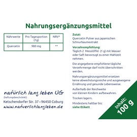 Quercetin 98% Pulver 100 g vegan (Extrakt aus japanischem Schnurbaum), natürlich lang leben®, Premiumqualität