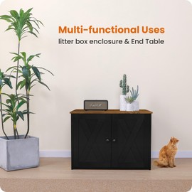 Dwanton Litter Box Enclosure, Cat Litter Box Furniture Hidden, Reversible Entrance Can Be on Left or Right Side, Wooden Cat Washroom Indoor, Fit Most of Litter Box, Black+Warm Brown, 27.6 Inches