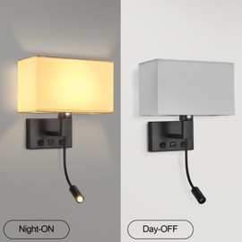 Moon rural Black Wall Sconces, Hardwired Wall Lamp with USB Port and Reading Lamp, Fabric Shade Bedside Wall Lights with Reading Lamp for Bedroom Living Room Hotels Corridors (Black)