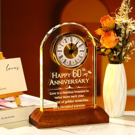 YWHL 60th Wedding Anniversary Clock Gifts for Parents Grandparents, 60 Years Anniversary Couple Gift, Table Clock Glass Presents with Wooden Light Base for Home Decoration (Battery not Included)