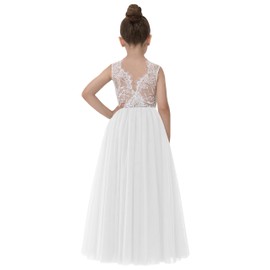 2Bunnies Girl Rose Lace Back A-Line Straight Tutu Tulle Party Flower Girl Dresses (White Sleeveless Maxi, 7/8)