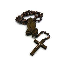 NYFASHION101 Praying Hands and Crucifix Cross Pendant Wood Rosary Necklace in Brown-Tone