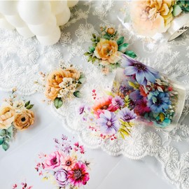 Arpaper Washi Tape Set, 3 Rolls Flowers PET Wide Washi Tapes Transparent Stickers for Scrapbooking, Journaling, Bullet Journals, Planners, Mobile Phones, Photo Albums DIY (Sea of Flowers 1)