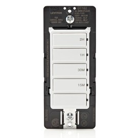 Leviton Countdown Timer Switch for household lights and exhaust fans, 15-30 min, 1-2 hour, No Neutral Wire Required, Single Pole, 15A, 1/2HP/9.8A Fan/Motor, DT102-1LW, White