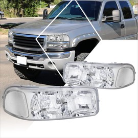 PM PERFORMOTOR Headlights Assembly Compatible with 1999-2007 GMC Sierra Yukon, 2Pcs Headlamps with Chrome Housing Clear Lens