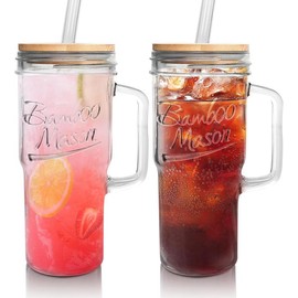 ANOTION 24oz Glass Cups with Lids and Straws with Handle  -Tumbler Coffee Cups Mason Jar Cups Drinking Set Coffee Bar Accessories:_Black （Butterfly Cap+Coaster ）
