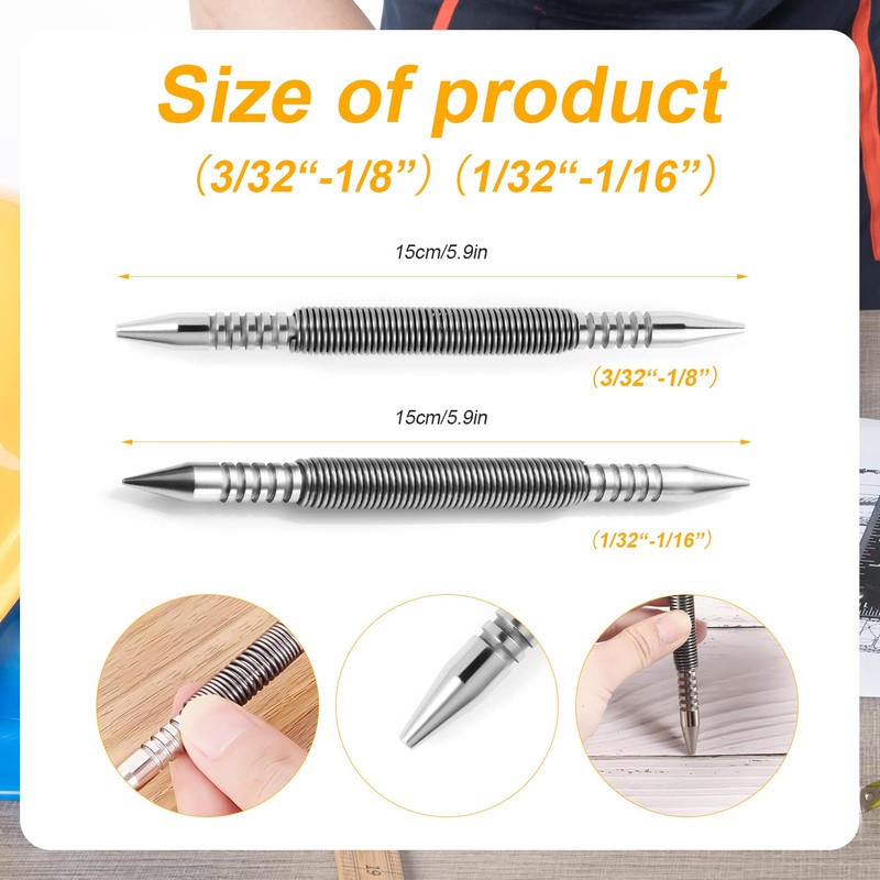 2pcs Dual Head Nail Setters, (1/32-1/16 Inch) (3/32-1/8 Inch) Spring