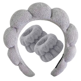 Beleki Spa Headband for Washing Face, Sponge Makeup Headband and Wristband Set Non Slip Skincare Headbands Soft Puffy Headwear Hair Accessories for Women Girls, Gray