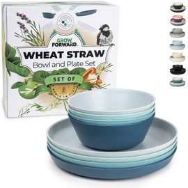 Grow Forward Premium Wheat Straw Plates and Bowls Sets - 8-Piece Wheat Straw Dinnerware Sets - Unbreakable & Reusable Microwave Safe Plastic Dinner Plates for Outdoors, RV, Camping Dishes - Seascape