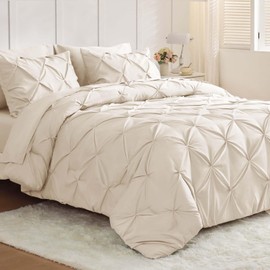 JOLLYVOGUE Queen Comforter Set 7 Pieces - Bed in a Bag Queen for All Season, Pintuck Bedding Comforter Sets with Comforter, Flat Sheet, Fitted Sheet and Pillowcases & Shams, Beige