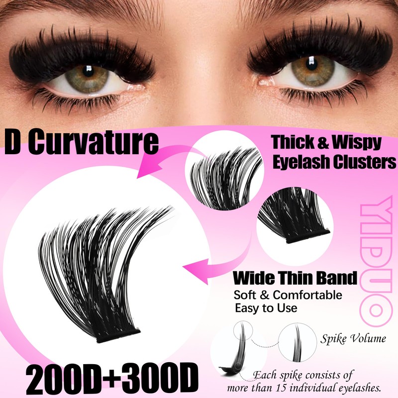 YIDUO Lashes Clusters Kit 200D+300D+Spikes+Bottom Cluster Lash Extensions Kit with