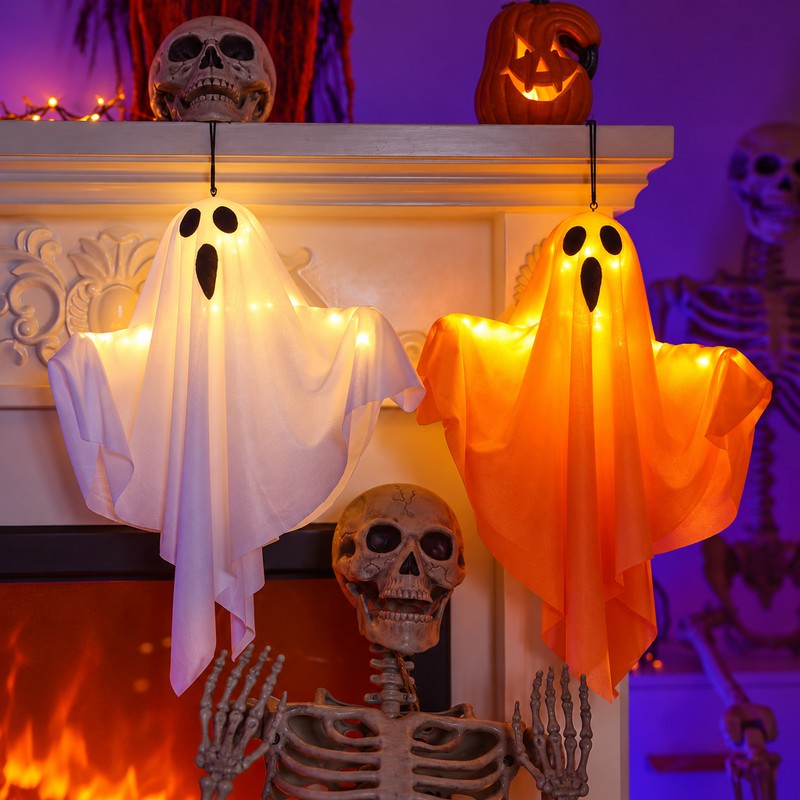2-Pack Light-Up Hanging Ghost Decorations for Halloween – Warm LED