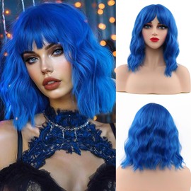 HWHRGL Blue Wigs with Bangs for Women 14inch loose wavy bob Wig With Bangs Curly Wavy Shoulder Length Bob Synthetic Wigs Colorful Wavy Wigs for Cosplay Daily PartyUse (Blue, 14 Inch)