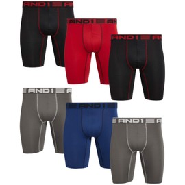 AND1 Men's Underwear Boxer Briefs - 6 Pack Performance Stretch Long Leg Compression Boxers for Men with Contour Pouch (S-3XL), Size X-Large, Black/Blue/Charcoal/Red