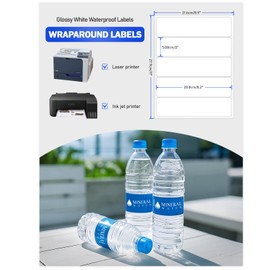 8.2"×2" 100Pcs Water Bottle Label Glossy White Customizable Waterproof Labels Printable Blank Wraparound Rectangle Labels for Laser and Pigment-Inkjet Printers