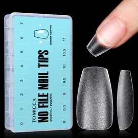 TOMICCA Nail Tips, 450 Pieces, Full Cover Soft Gel Tips, No-File Nail Tips, Short Pre-Buff PMMA Resin Artificial Nails Tips in 15 Sizes, Ballerina for Sticking, Nail Art for Nail Studios, Starter DIY