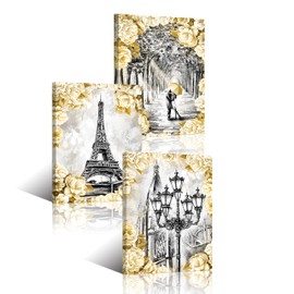 HOMEOART Paris Landscape Wall Art Eiffel Tower Painting Wall Decor Black and White Romantic Paris Street Lovers with Yellow Umbrella Bedroom Wall Decor (12"x16"x3 Panels)
