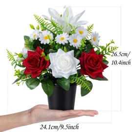 Kukooka Artificial Grave Flowers in Pots, Artificial Rose Lily Daisy Memorial Flowers with Pot for Cemetery Funeral Outdoor Graveside Decoration (1piece, White & Red)
