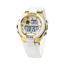 CakCtiy Digital Sports Watch with Waterproof Stopwatch, Luminous Display, Alarm, Chime, Seven-Color EL Backlight, for Women&Men Outdoor Multifunctional, GoldWhite, Modern