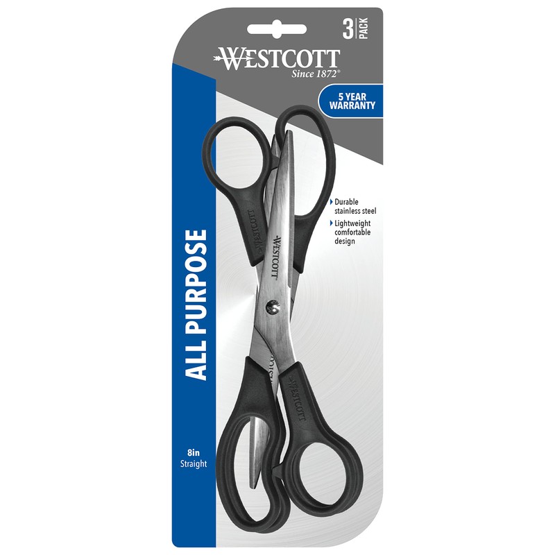Westcott 8" Straight All Purpose Scissors, Black, 3-Pack