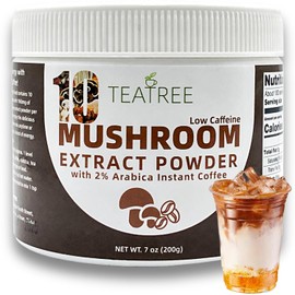 10 Mushroom Extract Powder Blend with 2% Arabica | Instant Coffee Substitute | Low-Caffeine Energy, Focus & Immune Support | Great for Milk, Smoothies & Desserts