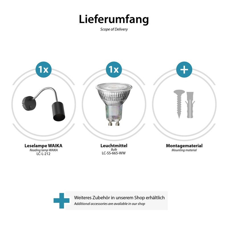 ledscom.de Waika Reading Light with Gooseneck and Switch Matte Black