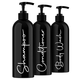 Alora Reusable Shampoo and Conditioner Bottles - Set of 3 - Matte Black - Permanent Stylish Labels - 16oz Pump Bottle Dispenser for Shampoo, Conditioner, Body Wash - Plastic Refillable Containers…