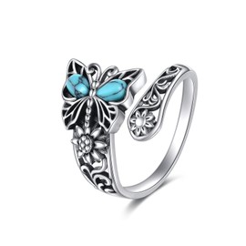 VONALA 925 Sterling Silver Turquoise Butterfly Spoon Ring Vintage Thumb Rings Boho Adjustable Open Ring Sunflower Ring Jewelry Gifts for Women
