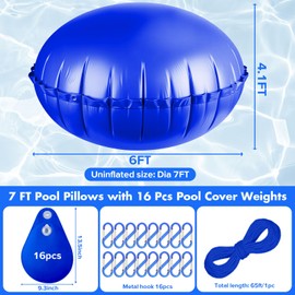 pdpdoc 7 Ft Round Pool Pillow with 16 Pack Pool Cover Weights, Inflatable Air Pillow & Water Bags Pool Winterizing Kit for Above Ground with 65 Ft Rope and 16 Hooks (7 Ft Dia + 16 Pack)